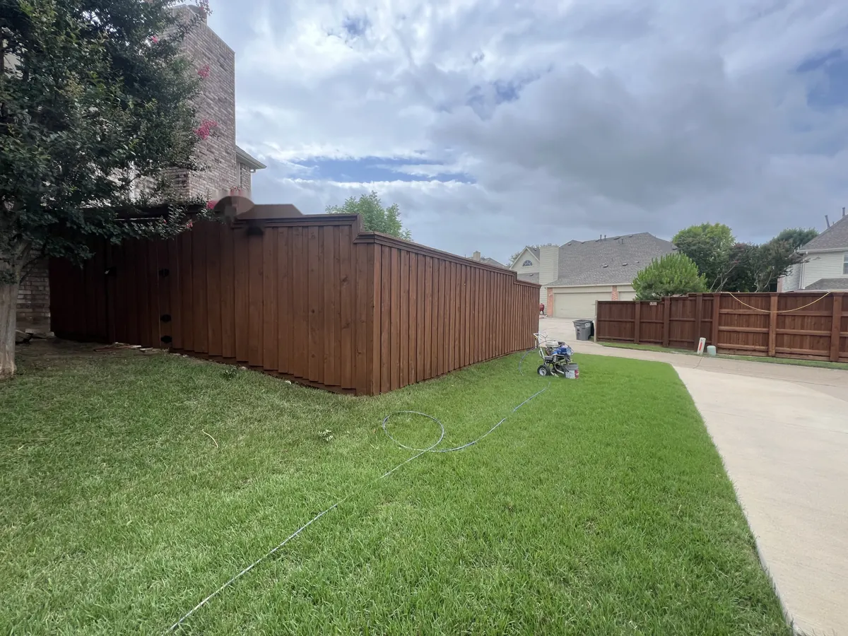 Board-on-board cedar fence with fresh dark walnut stain in McKinney, TX by Masco Pros