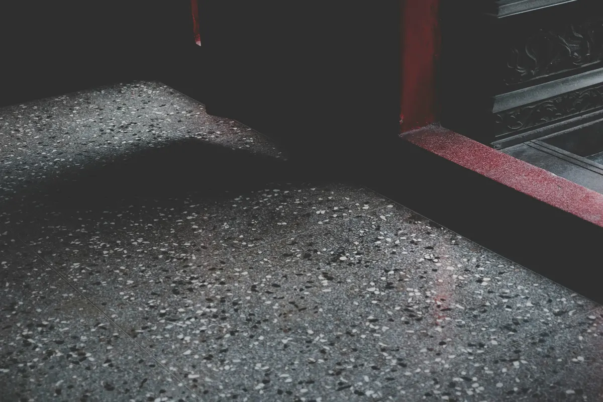 Decorative flake floor coating with black, white, and gray chips