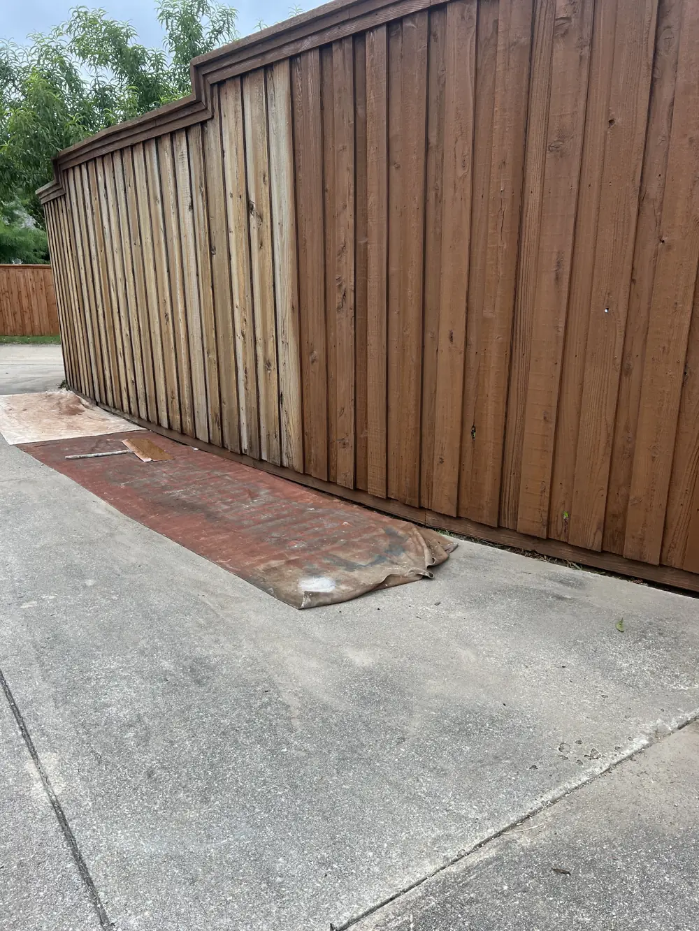 Fence staining in progress in McKinney, TX showing raw cedar next to freshly stained boards